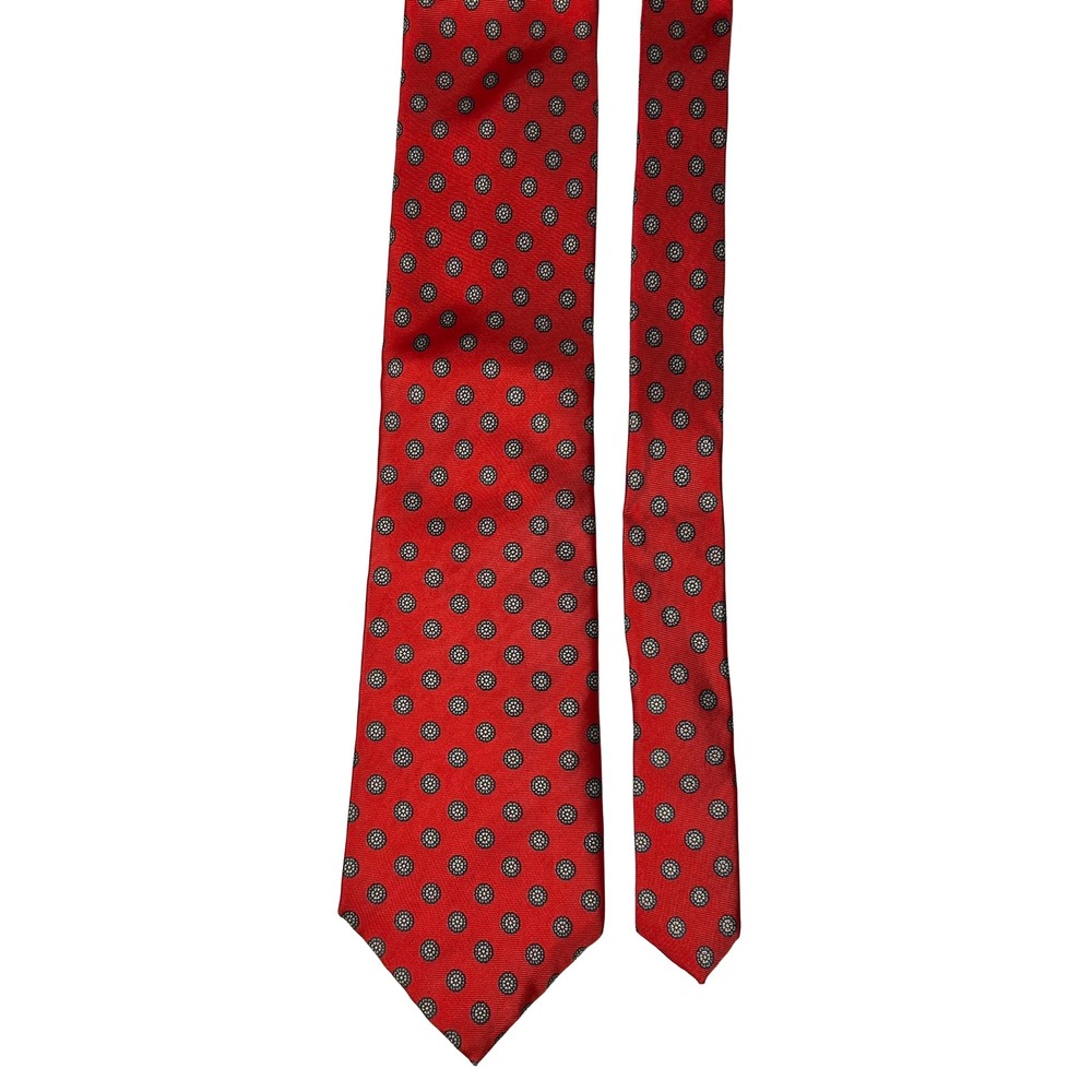 John‎ Ashford Mens Silk Tie Red Medallion Geometric Pattern Hand Made Necktie